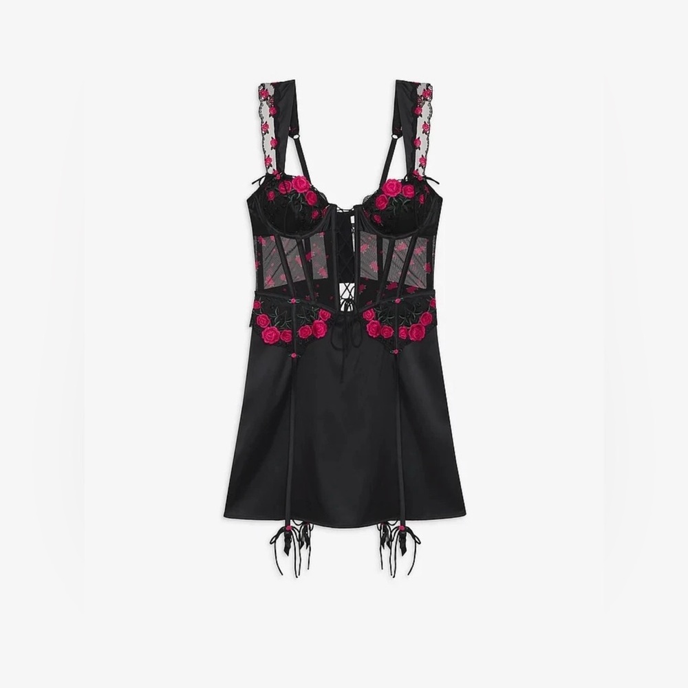For Love & Lemons Roja Rose Embroidered Slip Dress Black Pink Large NWT